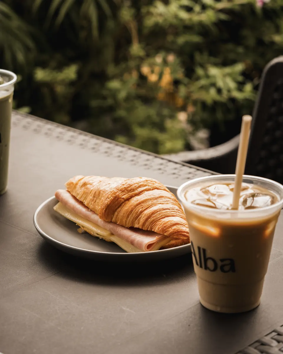 Croissant y latte frío en una mesa de la terraza